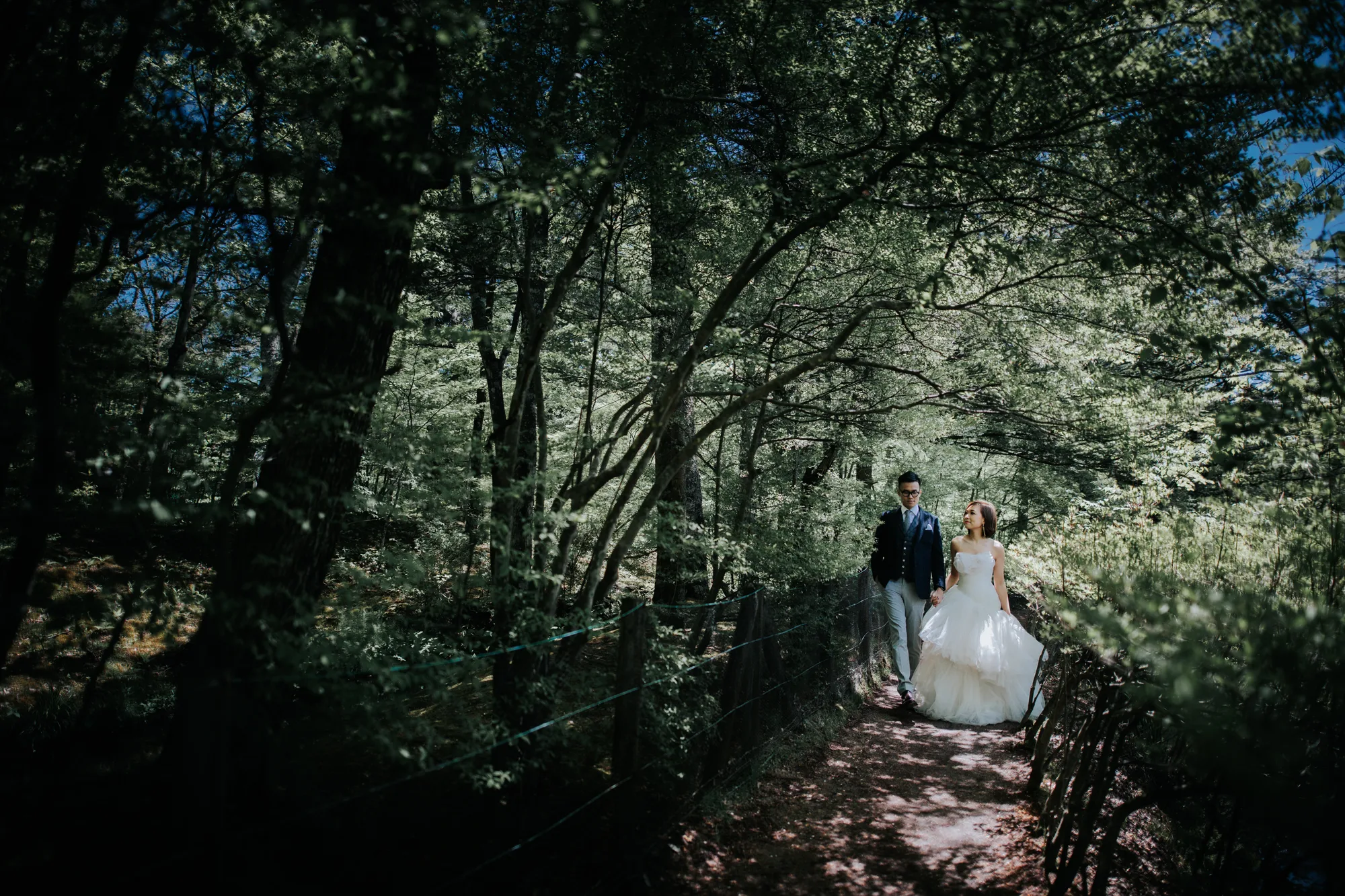 A bride and groom walk hand in hand along a forest path under dappled sunlight.